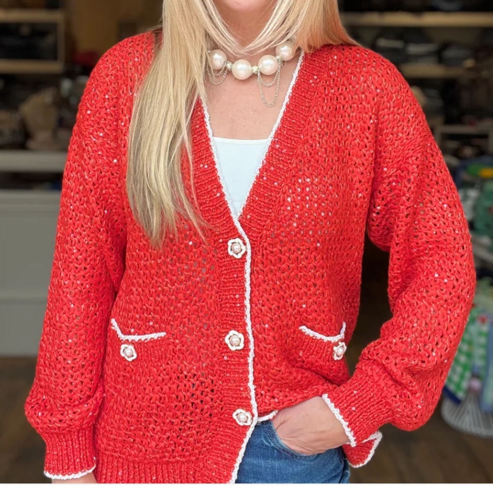 Anthropologie Lalo Pearl Button Cardigan Red Size XS NWT